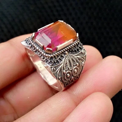 Tourmaline Gemstone Ring Solid Men's 925 Sterling Silver Handmade Men's Ring B65 - Image 1 of 4