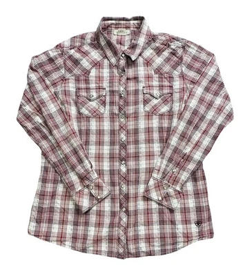 Camisa Ariat Feminina XL Vermelha Branca Xadrez Western Snap Front Manga Longa Algodão - Imagem 1 de 4