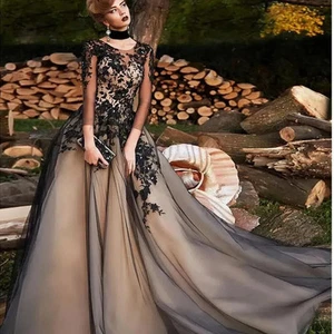 Gothic A Line Wedding Dress with Long Sleeve Black Floral Appliques Bridal Gown - Picture 1 of 10