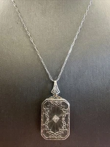 Art Deco 14k White Gold Camphor Glass Pendant W/Diamond On Paperclip Chain 4.5gr - Picture 1 of 12
