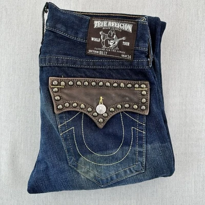 True Religion Billy Jeans Womens Size W34 L31 Blue Straight Studs USA Regular - Image 1 of 4