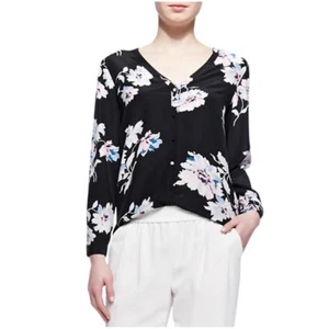 Joie Women’s Sz S Black Silk Floral V-Neck Blouse Top Michi Print - Picture 1 of 13