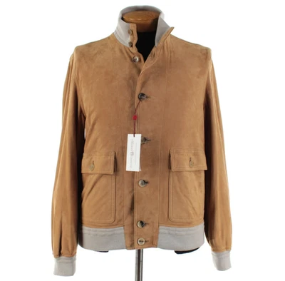 Chaqueta Baracuta Luciano Barbera NUEVA CON ETIQUETAS Gamuza Cuero Talla 52 (L EE. UU.) En Tostado Sólido Foto 1 de 4
