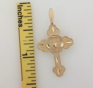 14K Solid Yellow Gold Heart Celtic Cross Necklace 1.1 Gram - Picture 1 of 2