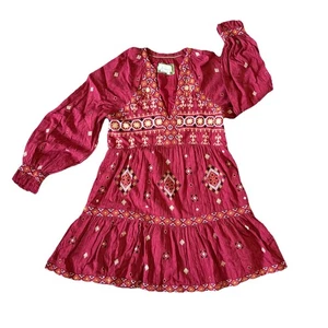 Vestido túnica Anthropologie bordado fluido algodón geométrico rojo occidental talla M - Imagen 1 de 13