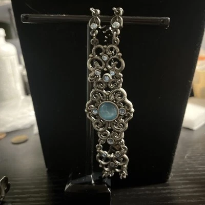 "Pulsera victoriana de filigrana tono plata gemas azul aguamarina 9"" M 21" Foto 1 de 4