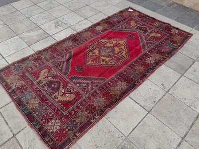 Vintage Turkish Runner 3.6x7.2 ft | Red Wool Anatolian Hallway Rug - Image 1 of 4