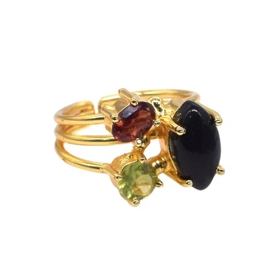 Anel feminino folheado a ouro ônix preto três pedras anel ajustável S331 - Imagem 1 de 4