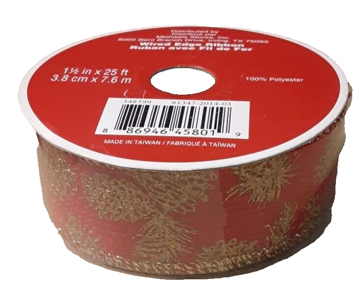 Michael's Red and Gold Wire-Edged Ribbon 1.5 Inches x 25 Feet NEW - Image 1 of 4