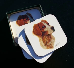 1993 Brittany Spaniel Hund 4er Set Korkunterlage 4" Untersetzer Kunst von Robert J. Mai - Bild 1 von 7