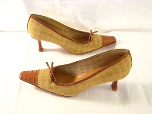 STUART WEITZMAN RAFIA STRAW & BROWN CROCODILE PRINT PUMP HEELS SHOES SIZE 8.5 N - Picture 1 of 14