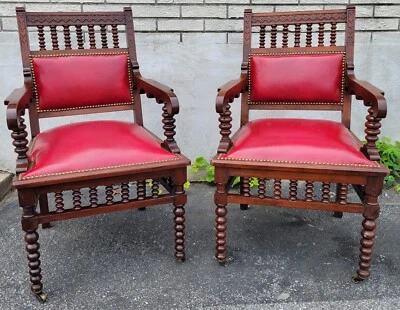 Antique Victorian Walnut Armchairs Pair, 19th Century, Red Leather Upholstery. - Image 1 of 4