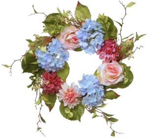 NATIONAL TREE COMPANY 23" DAHLIA, HYDRANGEA & ROSE WREATH *DISTRESSED PKG - Picture 1 of 3