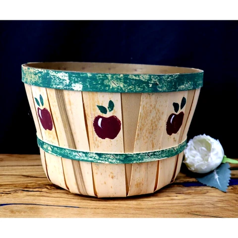 Vintage Wooden Apple Bucket Basket Painted Primitive Farmhouse Decor Storage Cover