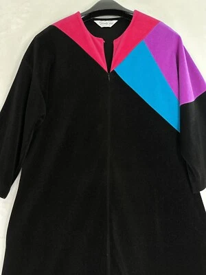 Abrigo de casa vintage Vanity Fair bata mediana cremallera abrigo de terciopelo negro rosa Foto 1 de 4