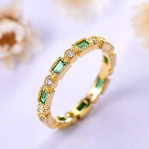 2Ct Round Cut Lab Created Emerald Diamond Eternity Ring 14K Yellow Gold Plated - Picture 1 of 6