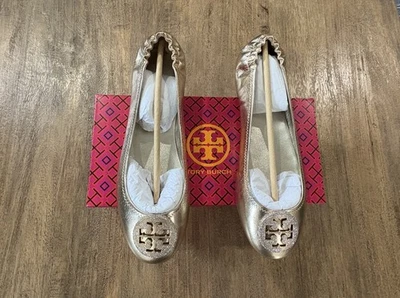 NIB Tory Burch Minnie Travel Ballet Pave Logo Spark Gold Crinkle Leather SZ 10.5 - Image 1 of 4