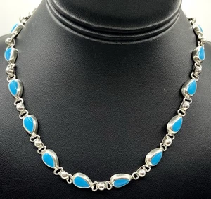 Collar Vintage México Plata de Ley/Turquesa Lágrima 925 17"" Largo - Imagen 1 de 9