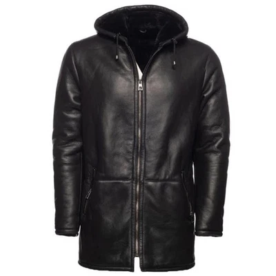 Men's Black Shearling Hooded Coat Real Lambskin Leather Coat Black Fur Jacket - Image 1 of 4