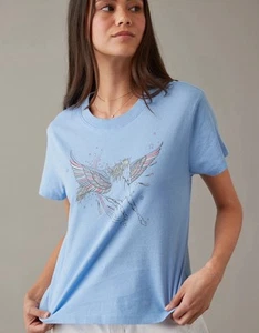 American Eagle Women’s Short Sleeve Graphic Logo Tee Color Blue Size S - Picture 1 of 5