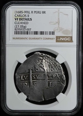 1685-99 Cob 8 Reales Perú Colonial Español 27,05g NGC VF Detalles Foto 1 de 4