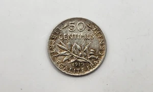 1919 France 50 Centimes Silver Coin - KM#854 - Picture 1 of 4