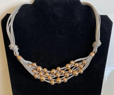 Collar moderno Milor Italia cuentas de bronce y cuero gris anudado 18""L Foto 1 de 4
