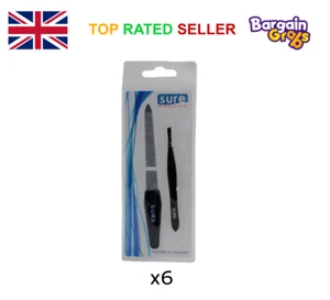 6x Sure Manicure Black Tweezers & Sapphire Nail File Set Beauty Grooming Kit - Picture 1 of 1