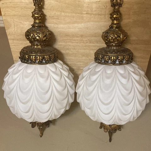 Fredrick Ramond hanging Pair 12”Globe light Milk Glass Free Shipping Look Cover