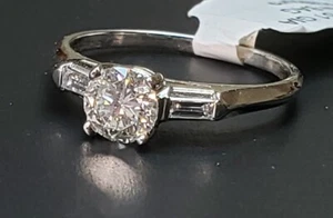 Vintage GIA Cert Platinum Diamond Engagement Ring .61ct Round Brilliant Baguette - Picture 1 of 12
