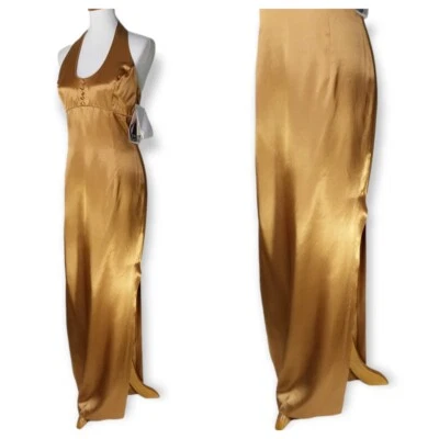 Maxi Vestido Halter Jessica McClintock Gunne Sax Talla 7/8 Dorado Líquido Metálico Nuevo con Etiquetas Foto 1 de 4