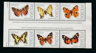 POLAND "BUTTERFLIES  (1991)" GUTTER BLOCK #3050-3055 MNG; *RARE/UNIQUE?* - Image 1 of 2
