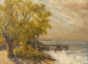 Antique Oil Original Painting signed Bourasque on Leman Amphion Haute Savoie - Picture 1 of 8