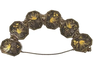 Vintage Damascene Large Panel Bracelet Goldtone Bird & Flower DesignThis... - Bild 1 von 6