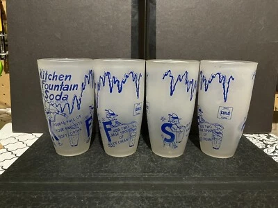 Set Of 4 Vintage Frosted Kitchen Fountain Soda Dairy Guild Promotional Glasses - Image 1 of 4