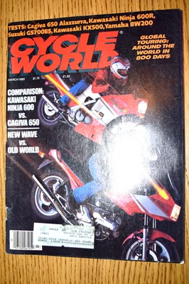 Cycle World Magazine March 1985 Kawasaki Ninja 600 vs. Cagiva 650 Yamaha BW200 Foto 1 de 3