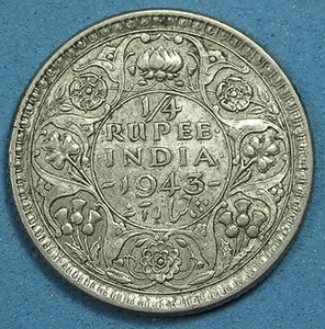India British 1/4 Rupee Silver Coin 1943 c, George VI, Combined Shipping - Bild 1 von 2