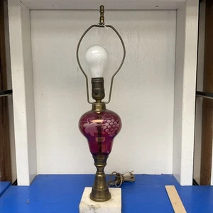 Antique Ruby Red Bohemian Crystal Cut to Clear Glass Table Lamp with Marble Base - Picture 1 of 7