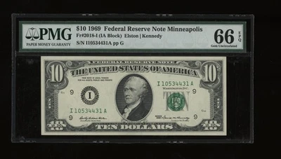 DBR 1969 $10 FRN Minneapolis Gem Fr. 2018-I PMG 66 EPQ Serial I10534431A - Image 1 of 2