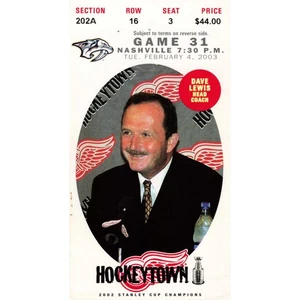 Biglietto Detroit Red Wings Hockey Stub Game 31 Dave Lewis 2002 Stanley Cup Champs - Foto 1 di 2