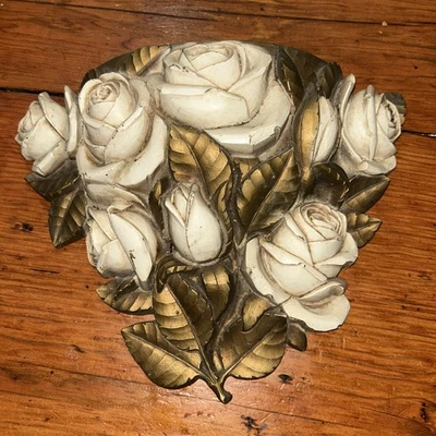 70 年代 HOMCO MCM Hollywood REGENCY 墙口袋金叶和白色玫瑰 8 x11 罕见 — 第 1/4 张图片