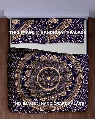 Indian Blue & Gold Bed Sheet Mandala Queen Bedding Set Coverlet Bedspread Pillow - Image 1 of 2