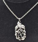 Antique Sterling Silver Large Rose Flower Ladies Pendant & Rope Chain 1940'S 17"