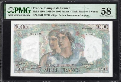France 1000 Francs P130b 1948-50 PMG58 aUNC Banknote French Currency BEAUTIFUL - image 1 of 2