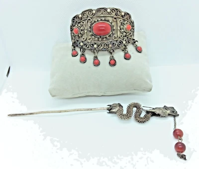 Antigua horquilla china de coral con diseño de cabeza de dragón rara, grande, increíble Foto 1 de 4