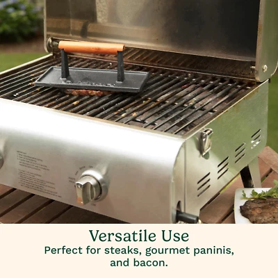 Prensa de parrilla de hierro fundido con mango de madera, hamburguesa rectangular antiadherente de alta resistencia... Foto 1 de 4