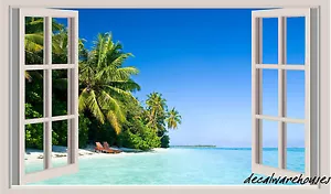 Tropical Beach Window View Repositionable Color Wall Sticker Wall Mural 3 FT - Picture 1 of 1