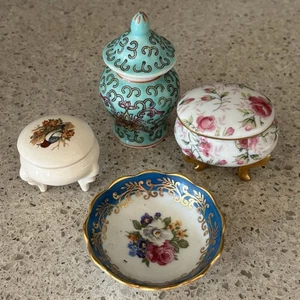 Elegant Miniature Porcelain Containers Tripod Bases Gold Trim Floral Accents 4 - Picture 1 of 6