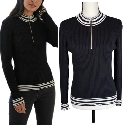 Suéter H&M Dividido Acanalado Cuarto Cremallera Negro Blanco Rayas Anillo Tirar Para Mujer Grande Foto 1 de 4