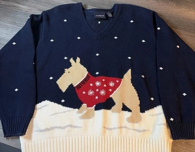 De Colección Liz Claiborne Mujer’s Suéter Azul Algodón Tejido Cuello en V Invierno Scottie Dog XL  Foto 1 de 4